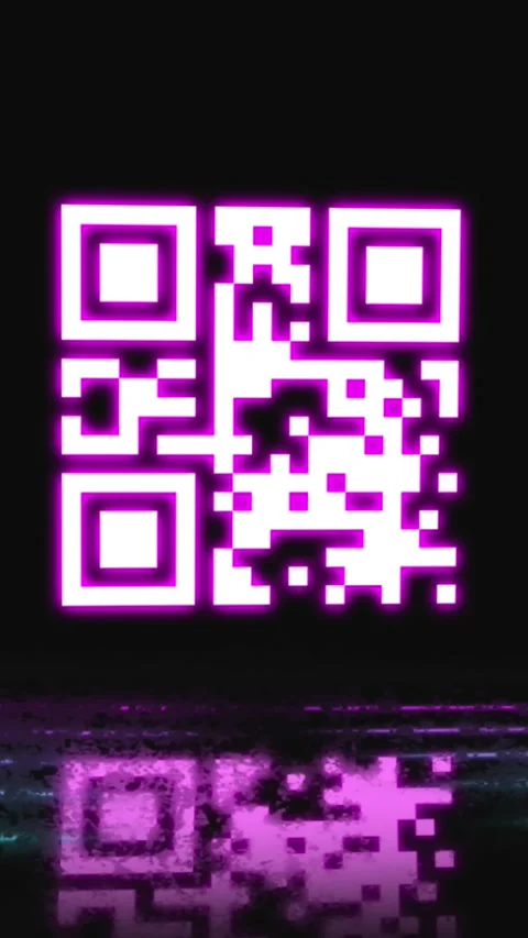 Neon qr code scanner and abstract shapes flickering against black background Stockbeeldmateriaal 344524485