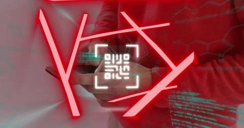 Neon qr code scanner and data processing against mid section of man using Stockillustratie