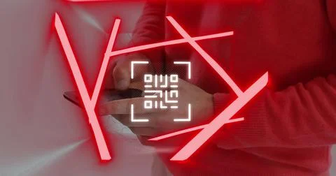 Neon qr code scanner and abstract shapes against mid section of man using Stock Illustration