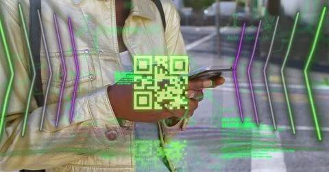 Neon qr code scanner and data processing against mid section of woman using Stock-Fotos