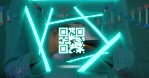 Neon qr code scanner and dna structure spinning against mid section of woman Stock-Fotos