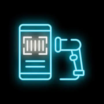 Neon qr code scanner scanning smartphone screen for payment Illustrazione stock