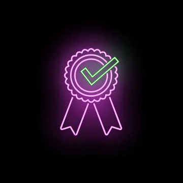 Neon quality guarantee seal with checkmark icon Stock Illustration