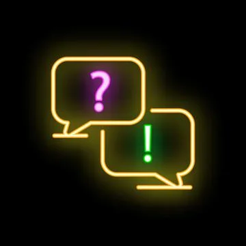 Neon question and answer chat bubbles glowing on black background Stock Illustration
