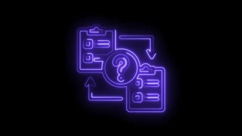 Neon question mark between two checklists with arrows indicating process flow Stock Footage 333957757