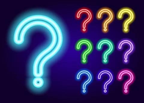 Neon Question mark. a set of multicolored glow-in-the-dark NEON question marks Stock Illustration