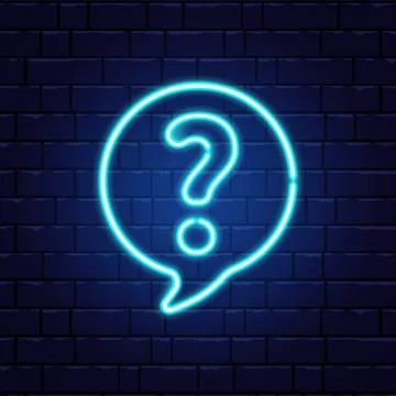 Neon question mark in speech bubble. Glowing blue question sign. Color neon b Stock Illustration