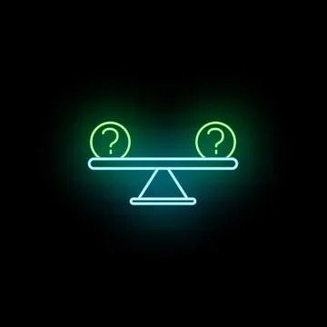 Neon question marks balancing on a scale illustrating dilemma 스톡 일러스트
