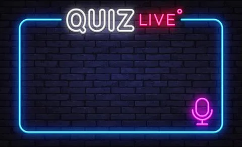 Neon quiz live frame with microphone icon on dark brick wall background, glowing Illustrazione stock
