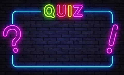 Neon quiz screen with question and exclamation marks on dark wall background Stock Illustration