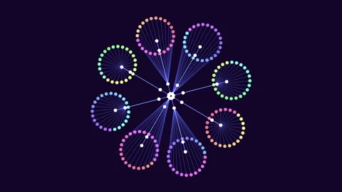 Neon rainbow circles pattern in rows on black gradient Stock Footage 242433486