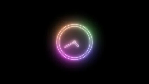 Neon Rainbow Clock Isolated Animation on Black Background, Colorful glowing.. Stock Footage 304395277