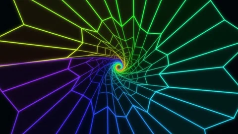 Neon rainbow wireframe spiral tunnel on black background Stock Footage 336995486