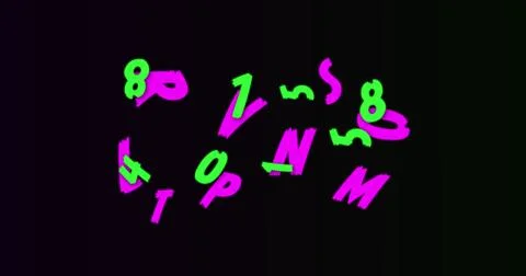 Neon random numbers and alphabets moving and changing against black background Stock Illustration