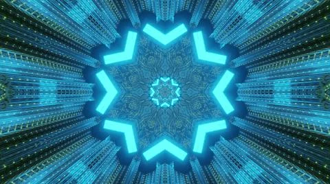 Neon rays of geometric shapes in sci fi tunnel 3d illustration Illustrazione stock