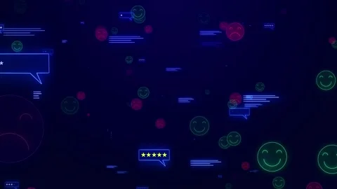 Neon reaction icons float deep blue space with comment panels, rating stars, mix Stock Footage 340577885