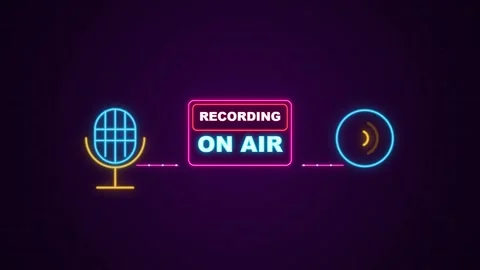 Neon recording sign with glowing microphone and audio wave pulsing against .. Stock Footage 345334272