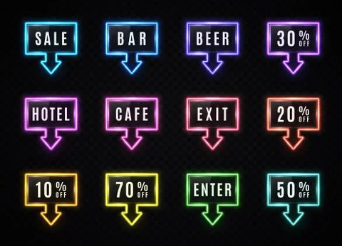 Neon rectangle arrow banner set on dark background Illustrazione stock
