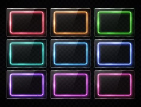 Neon rectangle banners. Glowing square buttons set Stock Illustration