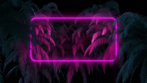 Neon Rectangle Frame Appears In The Tropical Forest. 80s Retrowave Background. Stock Footage 195162738