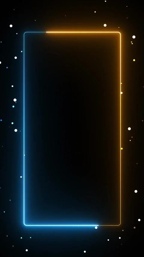 Neon rectangle frame in blue golden with particles on dark vertical background Video stock 337472018