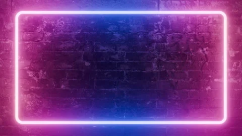 Neon rectangle frame on brick wall background mockup with pink and blue glow Stock Footage 326778667