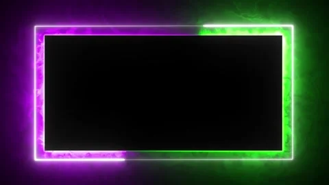 Neon Rectangle Frame with Glowing Green and Purple Lights on black background Stock Footage 338316100