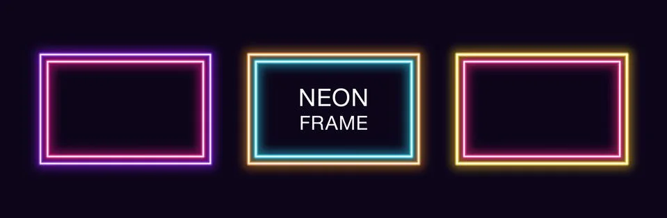 Neon rectangle Frame. Set of rectangular neon Border with double outline. Vec Stock Illustration