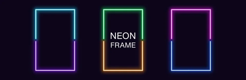 Neon rectangle Frame. Set of rectangular neon Border in 2 outline parts. Vect Stock Illustration