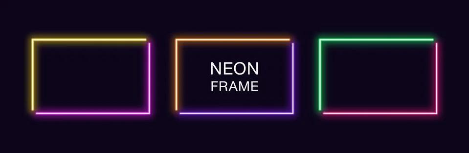 Neon rectangle Frame. Set of rectangular neon Border in 2 angular parts. Vect Stock-Illustration