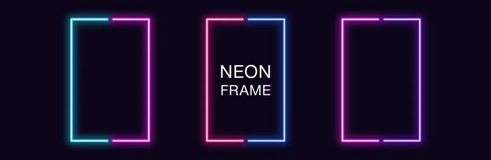 Neon rectangle Frame. Set of rectangular neon Border in 2 outline parts. Geom Stock Illustration