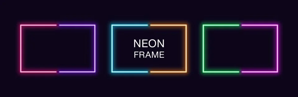 Neon rectangle Frame. Set of rectangular neon Border in 2 outline parts. Vect Stock Illustration