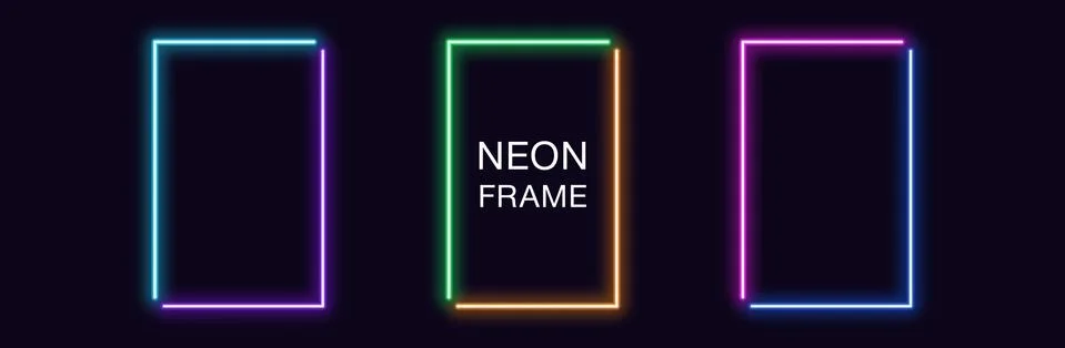 Neon rectangle Frame. Set of rectangular neon Border in 2 angular parts. Vect Stock Illustration