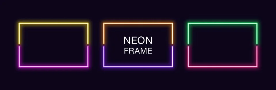 Neon rectangle Frame. Set of rectangular neon Border in 2 outline parts. Vect Stock Illustration