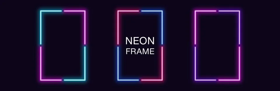 Neon rectangle Frame. Set of rectangular neon Border in 4 angular parts. Geom Stock Illustration