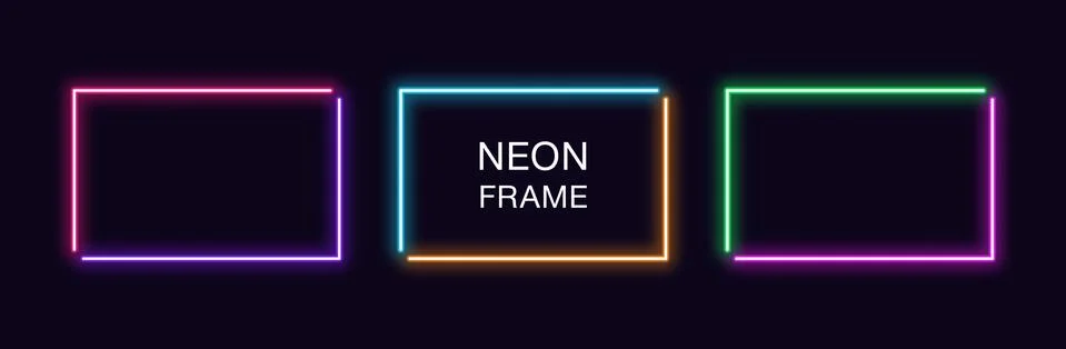 Neon rectangle Frame. Set of rectangular neon Border in 2 angular parts. Vect Stock Illustration