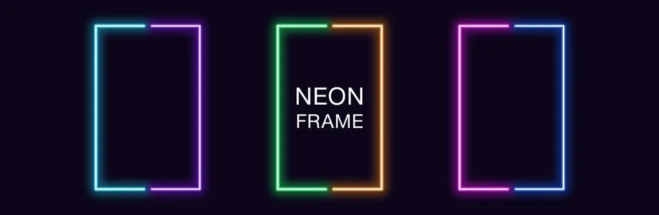 Neon rectangle Frame. Set of rectangular neon Border in 2 outline parts. Vect Stock Illustration