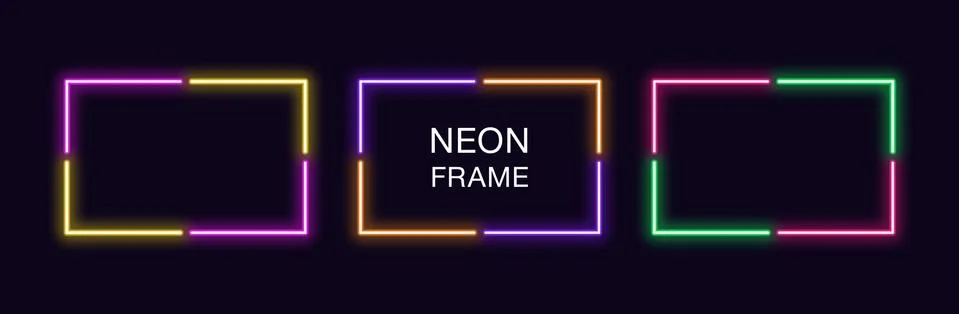 Neon rectangle Frame. Set of rectangular neon Border in 4 angular parts. Vect Stock Illustration