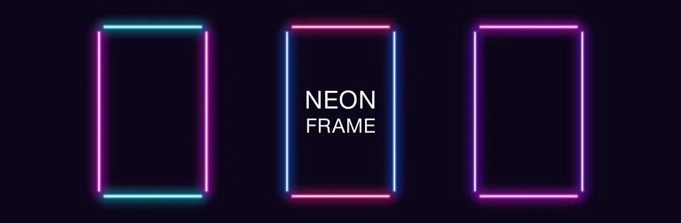 Neon rectangle Frame. Set of rectangular neon Border in 4 outline parts. Geom Stock Illustration