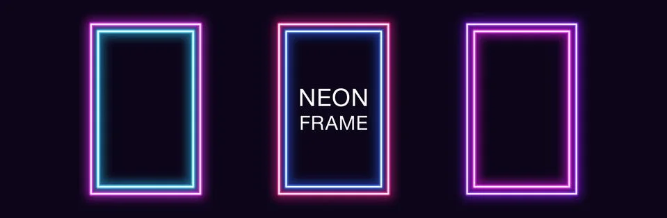 Neon rectangle Frame. Set of rectangular neon Border with double outline. Geo Stock Illustration
