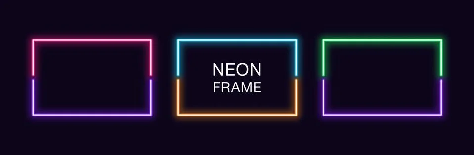 Neon rectangle Frame. Set of rectangular neon Border in 2 outline parts. Vect Illustrazione stock