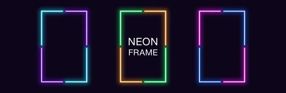 Neon rectangle Frame. Set of rectangular neon Border in 4 angular parts. Vect Stock Illustration