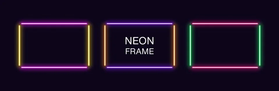 Neon rectangle Frame. Set of rectangular neon Border in 4 outline parts. Vect Stock Illustration