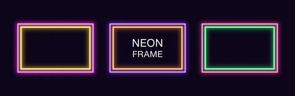 Neon rectangle Frame. Set of rectangular neon Border with double outline. Vec Stock Illustration