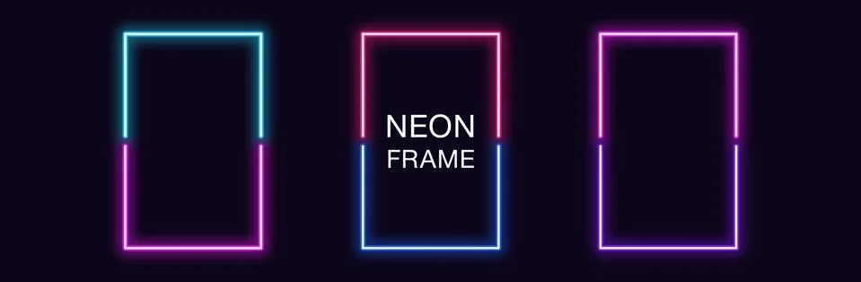 Neon rectangle Frame. Set of rectangular neon Border in 2 outline parts. Geom Stock Illustration
