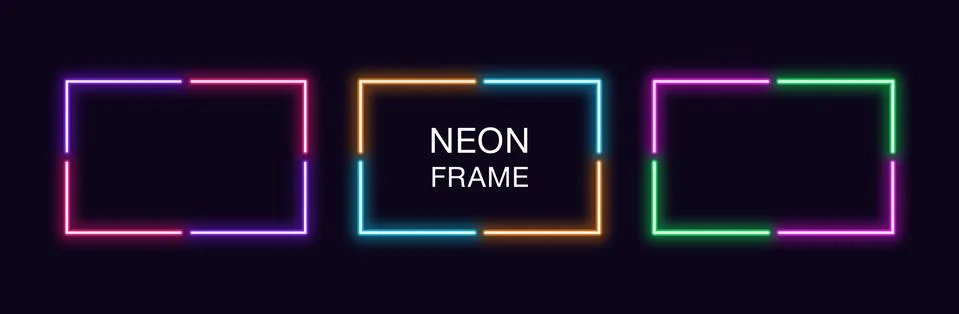 Neon rectangle Frame. Set of rectangular neon Border in 4 angular parts. Vect Illustrazione stock