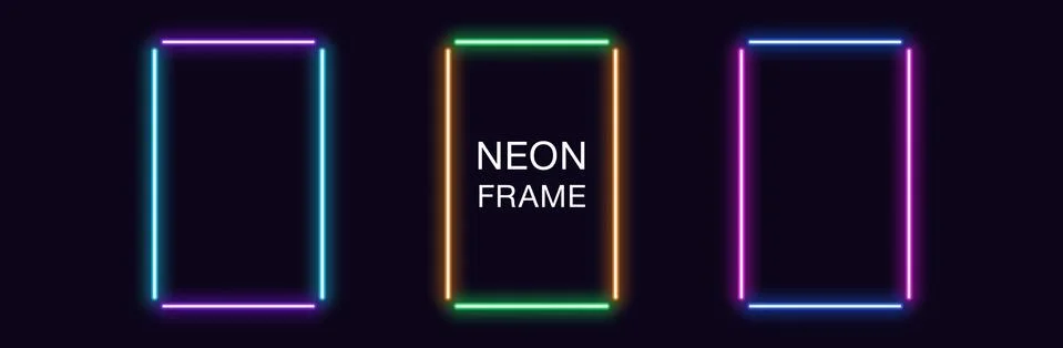 Neon rectangle Frame. Set of rectangular neon Border in 4 outline parts. Vect Stock Illustration