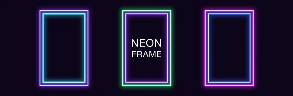 Neon rectangle Frame. Set of rectangular neon Border with double outline. Vec Stock Illustration