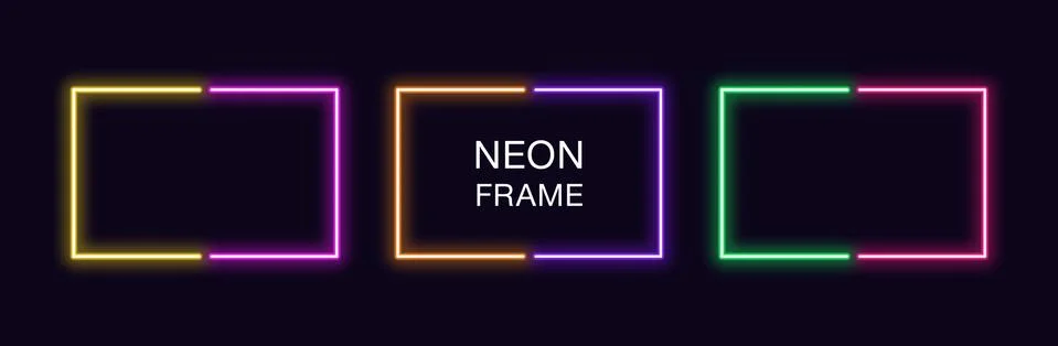 Neon rectangle Frame. Set of rectangular neon Border in 2 outline parts. Vect Stock Illustration