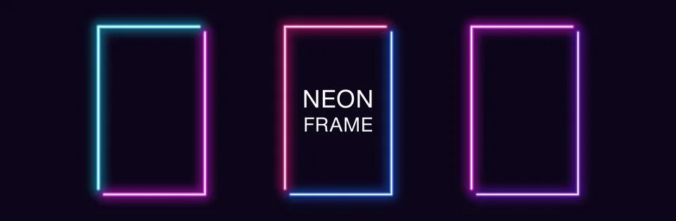 Neon rectangle Frame. Set of rectangular neon Border in 2 angular parts. Geom Stock Illustration